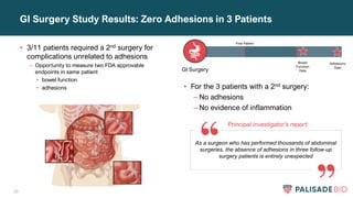 29
• For the 3 patients with a 2nd surgery:
– No adhesions
– No evidence of inflammation
GI Surgery Study Results: Zero Adhesions in 3 Patients
• 3/11 patients required a 2nd surgery for
complications unrelated to adhesions
– Opportunity to measure two FDA approvable
endpoints in same patient
• bowel function
• adhesions
First Patient
Adhesions
Data
Bowel
Function
Data
GI Surgery
As a surgeon who has performed thousands of abdominal
surgeries, the absence of adhesions in three follow-up
surgery patients is entirely unexpected
Principal investigator’s report:
 