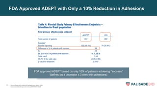 30
FDA Approved ADEPT with Only a 10% Reduction in Adhesions
Source: Adept (4% icodextrin) Package Insert; March 2006
www.accessdata.fda.gov/cdrh_docs/pdf5/P050011B.pdf
FDA approved ADEPT based on only 10% of patients achieving “success”
(defined as a decrease ≥ 3 sites with adhesions)
 