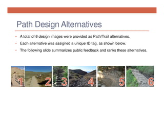 Path Design Alternatives
• A total of 6 design images were provided as Path/Trail alternatives.
• Each alternative was assigned a unique ID tag, as shown below.
• The following slide summarizes public feedback and ranks these alternatives.

 