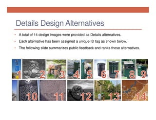 Details Design Alternatives
• A total of 14 design images were provided as Details alternatives.
• Each alternative has been assigned a unique ID tag as shown below.
• The following slide summarizes public feedback and ranks these alternatives.

 