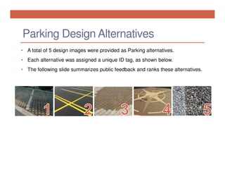 Parking Design Alternatives
• A total of 5 design images were provided as Parking alternatives.
• Each alternative was assigned a unique ID tag, as shown below.
• The following slide summarizes public feedback and ranks these alternatives.

 
