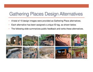 Gathering Places Design Alternatives
• A total of 10 design images were provided as Gathering Place alternatives.
• Each alternative has been assigned a unique ID tag, as shown below.
• The following slide summarizes public feedback and ranks these alternatives.

 