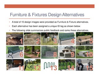 Furniture & Fixtures Design Alternatives
• A total of 15 design images were provided as Furniture & Fixture alternatives.
• Each alternative has been assigned a unique ID tag as shown below.
• The following slide summarizes public feedback and ranks these alternatives.

 