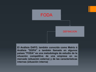 IntroducciónEl análisisFODA es una herramienta que permite conformar un cuadro de la situación actual de la empresa u organización, permitiendo de esta manera obtener un diagnóstico preciso que permita en función de ello tomar decisiones acordes con los objetivos y políticas formulados.El término FODA es una sigla conformada por las primeras letras de las palabras Fortalezas, Oportunidades, Debilidades y Amenazas