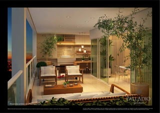 PallAdio
    Perspectiva artística da varanda gourmet.                                                                                                                                                                                                                        residence

                                                                                                                               Os móveis, objetos, materiais de acabamento e itens não constantes do projeto aprovado e do memorial de incorporação a ser registrado em cartório, são meramente ilustrativos e não serão
Material de pré-lançamento, elaborado para uso interno, exclusivo para corretores, sujeito à alteração. Divulgação proibida.   entregues com o imóvel. Por se tratar de material impresso, as imagens desta pasta podem não retratar fielmente as cores, brilhos e reflexos naturais dos materiais presentes no projeto.
 