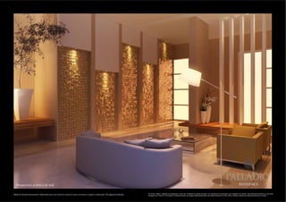 PallAdio
  Perspectiva artística do hall.                                                                                                                                                                                                                                     residence

                                                                                                                               Os móveis, objetos, materiais de acabamento e itens não constantes do projeto aprovado e do memorial de incorporação a ser registrado em cartório, são meramente ilustrativos e não serão
Material de pré-lançamento, elaborado para uso interno, exclusivo para corretores, sujeito à alteração. Divulgação proibida.   entregues com o imóvel. Por se tratar de material impresso, as imagens desta pasta podem não retratar fielmente as cores, brilhos e reflexos naturais dos materiais presentes no projeto.
 