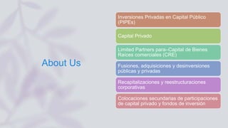 About Us
Inversiones Privadas en Capital Público
(PIPEs)
Capital Privado
Limited Partners para–Capital de Bienes
Raíces co...