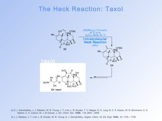 The Heck Reaction: Taxol 
OTf 
O 
O 
O 
Me 
OTBS 
Me 
H 
BnO 
O 
[Pd(PPh3)4] (110 mol%) 
I nt ramolecular 
Heck React ion 
O 
O 
O 
M. S. (4 A) 
K2CO3, MeCN, 90 °C 
(49%) 
Me 
OTBS 
Me 
H 
BnO 
O 
22 
AcO 
O 
HO 
BzO 
Me 
OH 
Me 
H 
AcO 
O 
O 
O 
taxol 
BzHN 
Ph 
OH 
23 
24: t axol 
a) S. J. Danishefsky, J. J. Masters, W. B. Young, J. T. Link, L. B. Snyder, T. V. Magee, D. K. Jung, R. C. A. Isaacs, W. G. Bornmann, C. A. 
Alaimo, C. A. Coburn, M. J. Di Grandi, J. Am. Chem. Soc. 1996, 118, 2843 – 2859 
b) J. J. Masters, J. T. Link, L. B. Snyder, W. B. Young, S. J. Danishefsky, Angew. Chem. Int. Ed. Engl. 1995, 34, 1723 – 1726. 
 