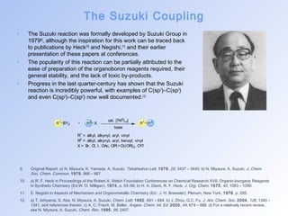 The Suzuki Coupling 
• The Suzuki reaction was formally developed by Suzuki Group in 
1979[9], although the inspiration for this work can be traced back 
to publications by Heck[10] and Negishi,[11] and their earlier 
presentation of these papers at conferences. 
• The popularity of this reaction can be partially attributed to the 
ease of preparation of the organoboron reagents required, their 
general stability, and the lack of toxic by-products. 
• Progress in the last quarter-century has shown that the Suzuki 
reaction is incredibly powerful, with examples of C(sp2)–C(sp3) 
and even C(sp3)–C(sp3) now well documented.[12] 
R1 R2 X cat. [Pd0Ln] 
BY2 R1 R2 
base 
R1 = alkyl, alkynyl, aryl, vinyl 
R2 = alkyl, alkynyl, aryl, benzyl, vinyl 
X = Br, Cl, I, OAc, OP(=O)(OR)2, OTf 
9. Original Report; a) N. Miyaura, K. Yamada, A. Suzuki, Tetrahedron Lett. 1979, 20, 3437 – 3440; b) N. Miyaura, A. Suzuki, J. Chem. 
Soc. Chem. Commun. 1979, 866 – 867 
10. a) R. F. Heck in Proceedings of the Robert A. Welch Foundation Conferences on Chemical Research XVII. Organic-Inorganic Reagents 
in Synthetic Chemistry (Ed.W. O. Milligan), 1974, p. 53–98; b) H. A. Dieck, R. F. Heck, J. Org. Chem. 1975, 40, 1083 – 1090. 
11. E. Negishi in Aspects of Mechanism and Organometallic Chemistry (Ed.: J. H. Brewster), Plenum, New York, 1978, p. 285. 
12. a) T. Ishiyama, S. Abe, N. Miyaura, A. Suzuki, Chem. Lett. 1992, 691 – 694. b) J. Zhou, G.C. Fu, J. Am. Chem. Soc. 2004, 126, 1340 – 
1341, and references therein. c) A. C. Frisch, M. Beller, Angew. Chem. Int. Ed. 2005, 44, 674 – 688. d) For a relatively recent review, 
see N. Miyaura, A. Suzuki, Chem. Rev. 1995, 95, 2457. 
 