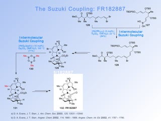 The Suzuki Coupling: FR182887 
MeO 
O 
Me 
Br 
OTBS 
Me Me Br 
126 127 
O 
OTBS 
HO 
H Me 
HO 
[PdCl2(dppf))] (10 mol%) 
Cs2CO3, DMF/H2O, 100 °C 
O Me 
B 
HO 
H Me 
HO 
HO 
H Me 
O 
O 
130 129 
a) D. A. Evans, J. T. Starr, J. Am. Chem. Soc. 2003, 125, 13531 –13540 
b) D. A. Evans, J. T. Starr, Angew. Chem. 2002, 114, 1865 – 1868; Angew. Chem. Int. Ed. 2002, 41, 1787 – 1790. 
TBDPSO 
B 
OTBS 
Me 
OTBS 
HO 
OH 
[Pd(PPh3)4)] (5 mol%) 
Tl2CO3, THF/H2O, 23 °C 
(84%) 
I ntermolecular 
Suzuki Coupling 
TBDPSO 
OTBS 
Me 
OTBS 
MeO 
Me 
Me Me Br 
O 
OH 
Br 
H H 
H 
CO2Et 
H 
Me 
Me 
H 
B 
O 
B 
O 
Me 
Me 
(71%) 
O 
OH 
Me 
H H 
H 
CO2Et 
H 
Me 
Me 
H O 
OH 
Me 
H H 
H 
H 
Me 
Me 
H 
fr182887 
131 132: FR182887 
128 
I ntermolecular 
Suzuki Coupling 
 