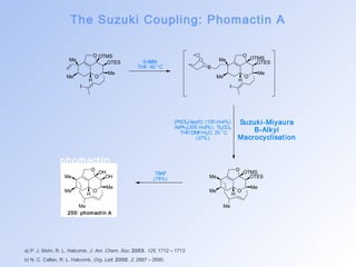 The Suzuki Coupling: Phomactin A 
O 
OTMS 
O 
H 
Me 
Me 
OTES 
Me 
I 
9-BBN 
THF, 40 °C 
phomact in 
O 
a) P. J. Mohr, R. L. Halcomb, J. Am. Chem. So c. 2003, 125, 1712 – 1713 
b) N. C. Callan, R. L. Halcomb, Org. Lett. 2000, 2, 2687 – 2690. 
O 
Me OTMS 
O 
H 
Me 
OTES 
Me 
I 
B 
O 
O 
Me H 
OTMS 
OTES 
Me 
Me 
Me 
O 
Me H 
OH 
OH 
Me 
Me 
Me 
TBAF 
(78%) 
Suzuki-Miyaura 
B-Alkyl 
Macrocyclisat ion 
[PdCl2(dppf)] (100 mol%) 
AsPh3(200 mol%), Tl2CO3 
THF/DMF/H2O, 25 °C 
(37%) 
200: phomact in A 
 