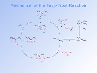 Mechanism of the Tsuji-Trost Reaction 
Ph3P PPh3 
Pd 
Ph3P PPh3 
Ph3P 
Pd 
Ph3P PPh3 
Pd 
Ph3P 
* 
PPh3 
- PPh3 
- PPh3 
Ph3P PPh3 
Ph3P PPh3 
R1 R2 
Ph3P PPh3 
R1 R2 
Ph3P PPh3 
Pd 
R1 OAc 
R2 
R1 OAc 
R2 
Pd 
Ph3P PPh3 
Pd 
R1 
R2 
Pd 
Pd 
R1 R2 
Nu 
Nu 
Nu 
* 
* 
R1 R2 
Nu 
R1 R2 
Nu * 
or 
or 
 