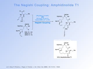 The Negishi Coupling: Amphidinolide T1 
Cl O 
Me 
O 
O 
Me 
TBDPSO Me 
O 
Me 
OMOM 
R 
314: R = ZnI 
(315: R = I) 
(316: R = H) 
[Pd2(dba)3] (3 mol%) 
285 
P(2-furyl)3 (6 mol %) 
toluene/DMA, 25 °C, 50% 
Negishi Coupling 
Me O 
amphidinolide 
a) C. Aïssa, R. Riveiros, J. Ragot, A. Fürstner, J. Am. Chem. Soc. 2003, 125, 15 512 – 15520. 
OMOM 
TBDPSO Me 
Me 
O 
O 
Me 
O 
Me O 
OMOM 
TBDPSO Me 
O 
Me Me 
O 
O 
317 
318 
319: Amphidinolide T1 
 