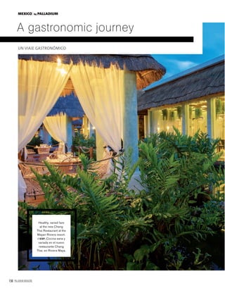 156 PALLADIUM MAGAZINE
A gastronomic journey
UN VIAJE GASTRONÓMICO
MEXICO by PALLADIUM
Healthy, varied fare
at the new Chang
Thai Restaurant at the
Mayan Riviera resort.
/ ESP. Cocina sana y
variada en el nuevo
restaurante Chang
Thai, en Riviera Maya.
 
