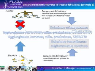 Crescita dei reparti attraverso la crescita dell’azienda (esempio 3)
Investitori e Manager: una strategia comune- 15
Cluster
Amministrative (esperto nella gestione
delle risorse di un dato centro di costo
e/o lavoro)
Competenze del manager
Leadership (esperto di gestione dei
cambiamenti)
Competenze del managerSintropia
 