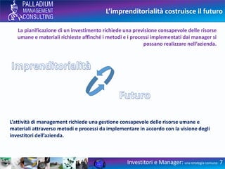 L’imprenditorialità costruisce il futuro
Investitori e Manager: una strategia comune- 7
La pianificazione di un investimento richiede una previsione consapevole delle risorse
umane e materiali richieste affinché i metodi e i processi implementati dai manager si
possano realizzare nell’azienda.
L’attività di management richiede una gestione consapevole delle risorse umane e
materiali attraverso metodi e processi da implementare in accordo con la visione degli
investitori dell’azienda.
 