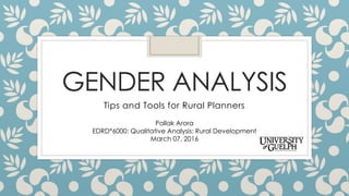 GENDER ANALYSIS
Tips and Tools for Rural Planners
Pallak Arora
EDRD*6000: Qualitative Analysis: Rural Development
March 07, 2016
 