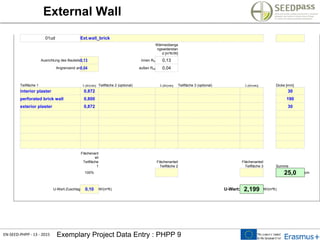 EN-SEED-PHPP - 13 - 2015 Exemplary Project Data Entry : PHPP 9
External Wall
01ud Ext.wall_brick
Wärmeüberga
ngswiderstan
d [m²K/W]
Ausrichtung des Bauteils0,13 innen Rsi 0,13
Angrenzend an0,04 außen Rsa 0,04
Teilfläche 1 l [W/(mK)] Teilfläche 2 (optional) l [W/(mK)] Teilfläche 3 (optional) l [W/(mK)] Dicke [mm]
interior plaster 0,872 30
perforated brick wall 0,800 190
exterior plaster 0,872 30
Flächenant
eil
Teilfläche
1
Flächenanteil
Teilfläche 2
Flächenanteil
Teilfläche 3 Summe
100% 25,0 cm
U-Wert-Zuschlag 0,10 W/(m²K) U-Wert: 2,199 W/(m²K)
 