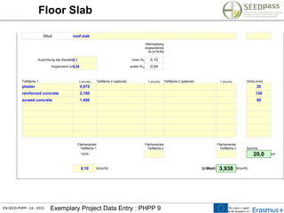 EN-SEED-PHPP - 14 - 2015 Exemplary Project Data Entry : PHPP 9
Floor Slab
09ud roof slab
Wärmeüberg
angswidersta
nd [m²K/W]
Ausrichtung des Bauteils0,1 innen Rsi 0,10
Angrenzend an0,04 außen Rsa 0,04
Teilfläche 1 l [W/(mK)] Teilfläche 2 (optional) l [W/(mK)] Teilfläche 3 (optional) l [W/(mK)] Dicke [mm]
plaster 0,872 20
reinforced concrete 2,100 130
screed concrete 1,400 50
Flächenanteil
Teilfläche 1
Flächenanteil
Teilfläche 2
Flächenanteil
Teilfläche 3 Summe
100% 20,0 cm
0,10 W/(m²K) U-Wert: 3,938 W/(m²K)
 