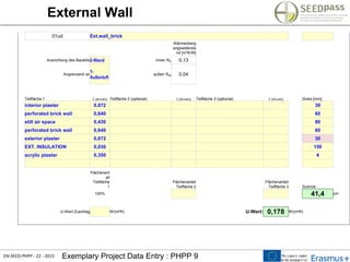 EN-SEED-PHPP - 22 - 2015 Exemplary Project Data Entry : PHPP 9
External Wall
01ud Ext.wall_brick
Wärmeüberg
angswidersta
nd [m²K/W]
Ausrichtung des Bauteils2-Wand innen Rsi 0,13
Angrenzend an
1-
Außenluft
außen Rsa 0,04
Teilfläche 1 l [W/(mK)] Teilfläche 2 (optional) l [W/(mK)] Teilfläche 3 (optional) l [W/(mK)] Dicke [mm]
interior plaster 0,872 30
perforated brick wall 0,640 60
still air space 0,430 80
perforated brick wall 0,640 60
exterior plaster 0,872 30
EXT. INSULATION 0,030 150
acrylic plaster 0,350 4
Flächenant
eil
Teilfläche
1
Flächenanteil
Teilfläche 2
Flächenanteil
Teilfläche 3 Summe
100% 41,4 cm
U-Wert-Zuschlag W/(m²K) U-Wert: 0,178 W/(m²K)
 