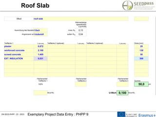EN-SEED-PHPP - 23 - 2015 Exemplary Project Data Entry : PHPP 9
Roof Slab
09ud roof slab
Wärmeüberga
ngswiderstan
d [m²K/W]
Ausrichtung des Bauteils1-Dach innen Rsi 0,13
Angrenzend an1-Außenluft außen Rsa 0,04
Teilfläche 1 l [W/(mK)] Teilfläche 2 (optional) l [W/(mK)] Teilfläche 3 (optional) l [W/(mK)] Dicke [mm]
plaster 0,872 20
reinforced concrete 2,100 130
screed concrete 1,400 50
EXT. INSULATION 0,031 300
Flächenanteil
Teilfläche 1
Flächenanteil
Teilfläche 2
Flächenanteil
Teilfläche 3 Summe
100% 50,0 cm
W/(m²K) U-Wert: 0,100 W/(m²K)
 