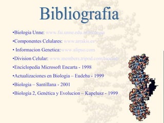 Biologia Unne:  www.fai.unne.edu.ar / biologia Componentes Celulares:  www.arrakis.es Informacion Genetica:  www.alipso.com Division Celular:  www.members.tripod.com / bioclub Enciclopedia Microsoft Encarta - 1998 Actualizaciones en Biologia – Eudeba - 1999 Biologia – Santillana - 2001 Biología 2, Genética y Evolucion – Kapelusz - 1999 Bibliografia 