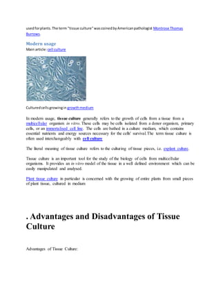 usedforplants.The term "tissue culture"wascoinedbyAmericanpathologist Montrose Thomas
Burrows.
Modern usage
Main article:cell culture
Culturedcellsgrowingin growthmedium
In modern usage, tissue culture generally refers to the growth of cells from a tissue from a
multicellular organism in vitro. These cells may be cells isolated from a donor organism, primary
cells, or an immortalised cell line. The cells are bathed in a culture medium, which contains
essential nutrients and energy sources necessary for the cells' survival.The term tissue culture is
often used interchangeably with cell culture
The literal meaning of tissue culture refers to the culturing of tissue pieces, i.e. explant culture.
Tissue culture is an important tool for the study of the biology of cells from multicellular
organisms. It provides an in vitro model of the tissue in a well defined environment which can be
easily manipulated and analysed.
Plant tissue culture in particular is concerned with the growing of entire plants from small pieces
of plant tissue, cultured in medium
. Advantages and Disadvantages of Tissue
Culture
Advantages of Tissue Culture:
 