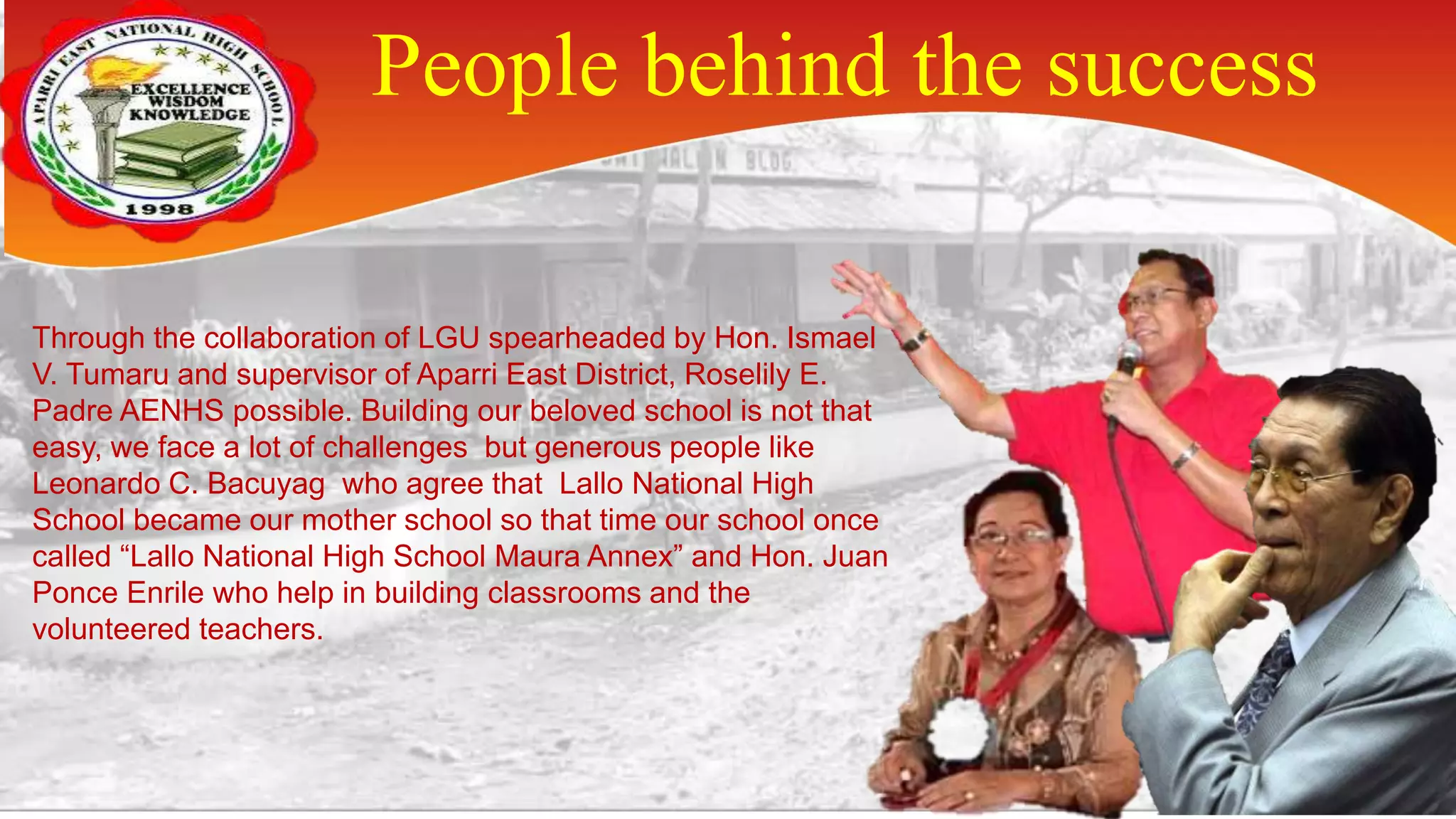 People behind the success
Through the collaboration of LGU spearheaded by Hon. Ismael
V. Tumaru and supervisor of Aparri East District, Roselily E.
Padre AENHS possible. Building our beloved school is not that
easy, we face a lot of challenges but generous people like
Leonardo C. Bacuyag who agree that Lallo National High
School became our mother school so that time our school once
called “Lallo National High School Maura Annex” and Hon. Juan
Ponce Enrile who help in building classrooms and the
volunteered teachers.
 