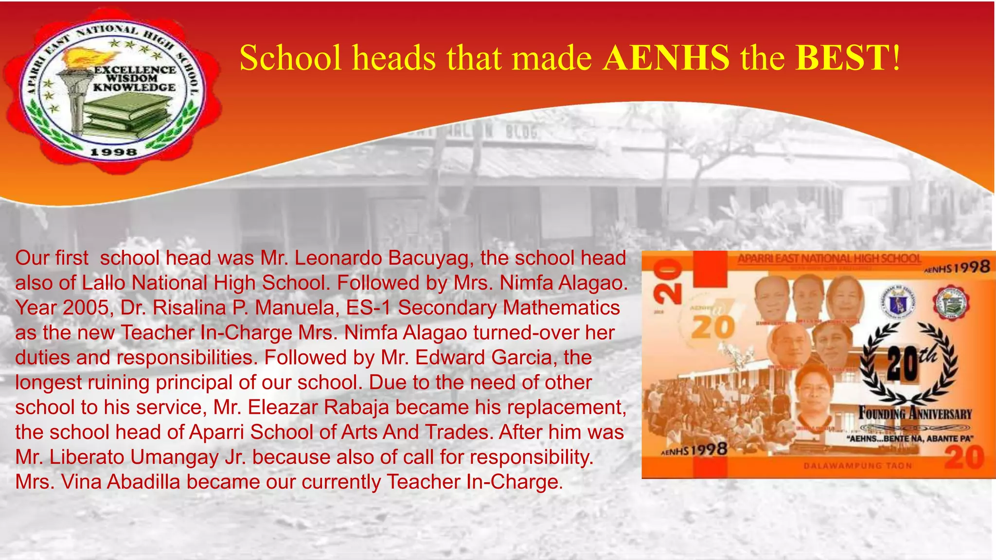 School heads that made AENHS the BEST!
Our first school head was Mr. Leonardo Bacuyag, the school head
also of Lallo National High School. Followed by Mrs. Nimfa Alagao.
Year 2005, Dr. Risalina P. Manuela, ES-1 Secondary Mathematics
as the new Teacher In-Charge Mrs. Nimfa Alagao turned-over her
duties and responsibilities. Followed by Mr. Edward Garcia, the
longest ruining principal of our school. Due to the need of other
school to his service, Mr. Eleazar Rabaja became his replacement,
the school head of Aparri School of Arts And Trades. After him was
Mr. Liberato Umangay Jr. because also of call for responsibility.
Mrs. Vina Abadilla became our currently Teacher In-Charge.
 