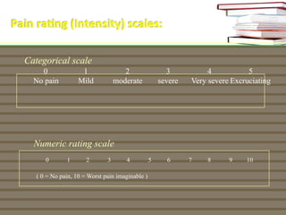 Pain	
  ra%ng	
  (Intensity)	
  scales:	
  
Categorical scale
Numeric rating scale
0
No pain
1
Mild
2
moderate
3
severe
4
...