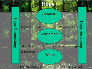 Hope
Comfort
Attachment
Worth
Physical distress Physical Ease
Abandonment
& Isolation
Caring relationships
Feeling devalued Feeling valued
 