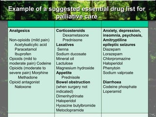 Example of a suggested essential drug list for
palliative care
Analgesics
Non-opioids (mild pain)
Acetylsalicylic acid
Paracetamol
Ibuprofen
Opioids (mild to
moderate pain) Codeine
Opioids (moderate to
severe pain) Morphine
Methadone
Opioid antagonist
Naloxone
Corticosteroids
Dexametasone
Prednisone
Laxatives
Senna
Sodium ducosate
Mineral oil
Lactulose
Magnesium hydroxide
Appetite
Prednisole
Bowel obstruction
(when surgery not
indicated)
Dimenhydrinate
Haloperidol
Hyoscine butylbromide
Metoclopramide
Anxiety, depression,
insomnia, psychosis,
Amitryptiline
epileptic seizures
Diazepam
Lorazepam
Chlorpromazine
Haloperidol
Phenytoin
Sodium valproate
Diarrhoea
Codeine phosphate
Loperamid
 