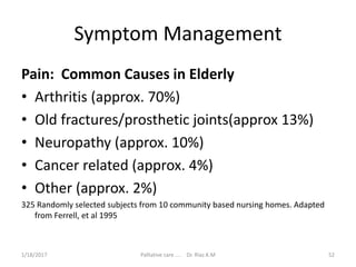 Symptom Management
Pain: Common Causes in Elderly
• Arthritis (approx. 70%)
• Old fractures/prosthetic joints(approx 13%)
• Neuropathy (approx. 10%)
• Cancer related (approx. 4%)
• Other (approx. 2%)
325 Randomly selected subjects from 10 community based nursing homes. Adapted
from Ferrell, et al 1995
52Palliative care .... Dr. Riaz.K.M1/18/2017
 
