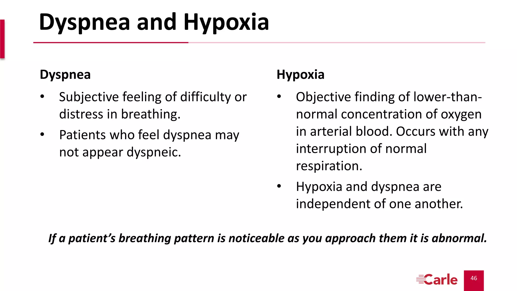 46
Dyspnea and Hypoxia
Dyspnea
• Subjective feeling of difficulty or
distress in breathing.
• Patients who feel dyspnea may
not appear dyspneic.
Hypoxia
• Objective finding of lower-than-
normal concentration of oxygen
in arterial blood. Occurs with any
interruption of normal
respiration.
• Hypoxia and dyspnea are
independent of one another.
If a patient’s breathing pattern is noticeable as you approach them it is abnormal.
 