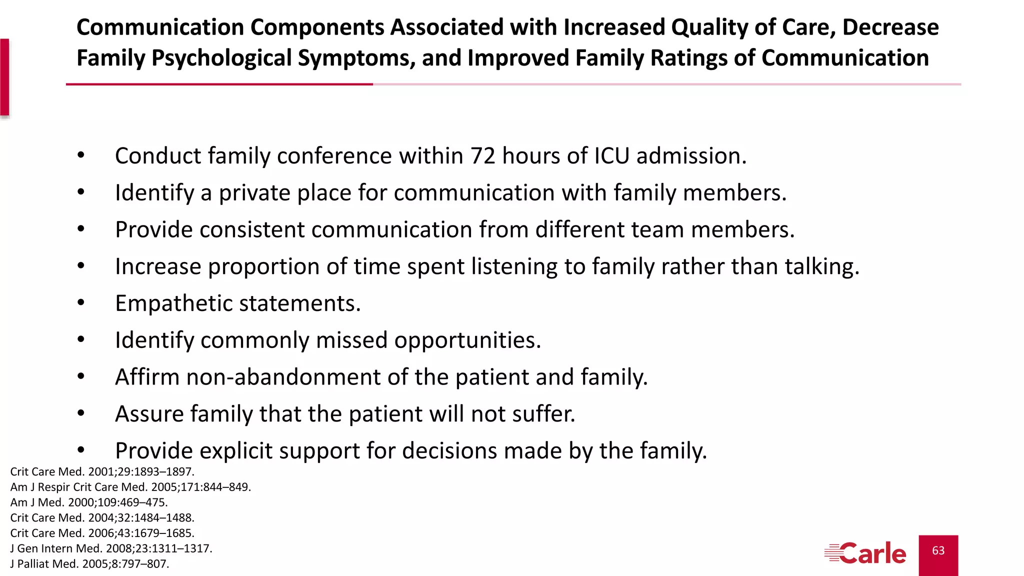 63
Communication Components Associated with Increased Quality of Care, Decrease
Family Psychological Symptoms, and Improved Family Ratings of Communication
• Conduct family conference within 72 hours of ICU admission.
• Identify a private place for communication with family members.
• Provide consistent communication from different team members.
• Increase proportion of time spent listening to family rather than talking.
• Empathetic statements.
• Identify commonly missed opportunities.
• Affirm non-abandonment of the patient and family.
• Assure family that the patient will not suffer.
• Provide explicit support for decisions made by the family.
Crit Care Med. 2001;29:1893–1897.
Am J Respir Crit Care Med. 2005;171:844–849.
Am J Med. 2000;109:469–475.
Crit Care Med. 2004;32:1484–1488.
Crit Care Med. 2006;43:1679–1685.
J Gen Intern Med. 2008;23:1311–1317.
J Palliat Med. 2005;8:797–807.
 