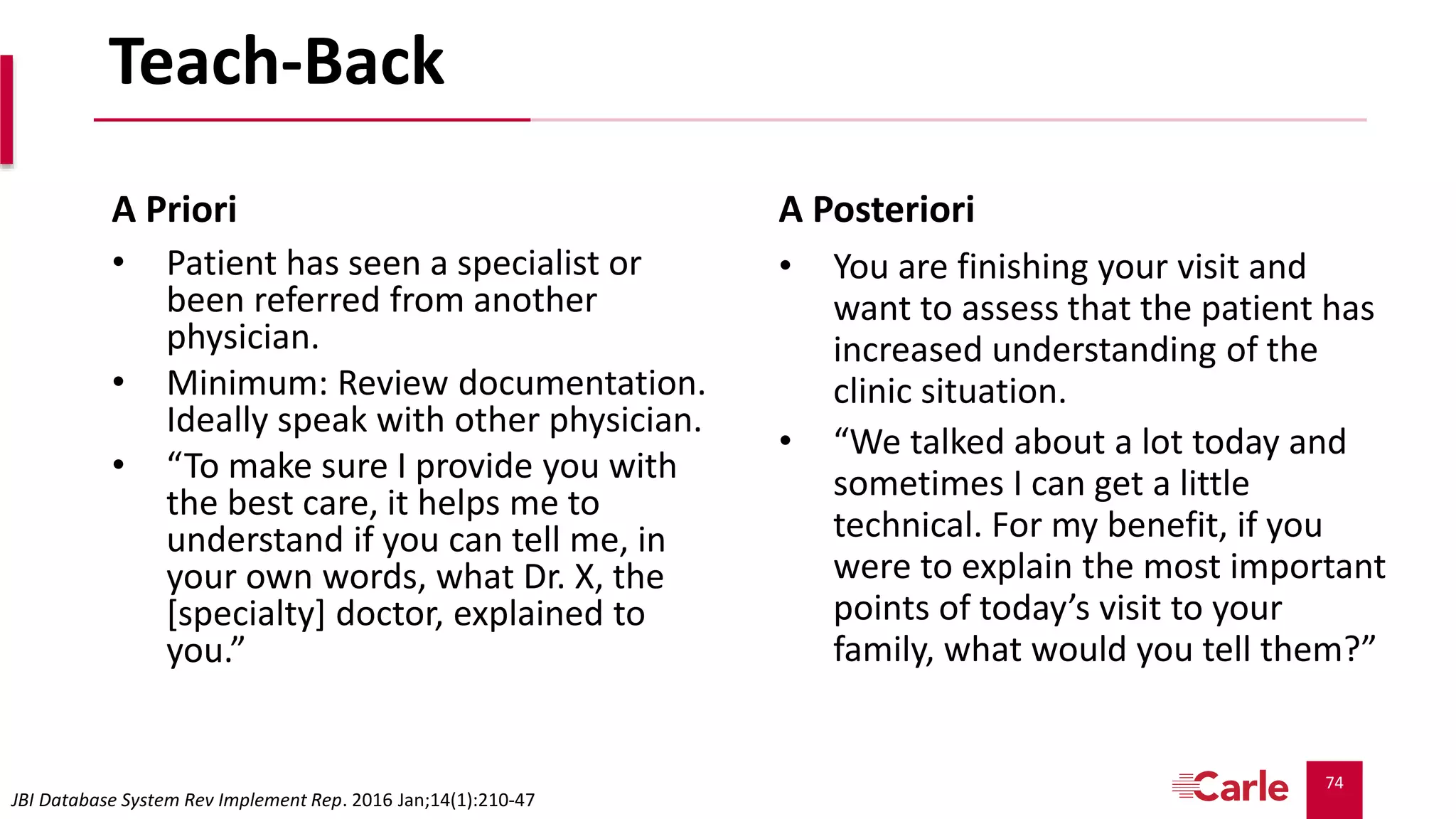 74
Teach-Back
A Priori A Posteriori
• Patient has seen a specialist or
been referred from another
physician.
• Minimum: Review documentation.
Ideally speak with other physician.
• “To make sure I provide you with
the best care, it helps me to
understand if you can tell me, in
your own words, what Dr. X, the
[specialty] doctor, explained to
you.”
• You are finishing your visit and
want to assess that the patient has
increased understanding of the
clinic situation.
• “We talked about a lot today and
sometimes I can get a little
technical. For my benefit, if you
were to explain the most important
points of today’s visit to your
family, what would you tell them?”
JBI Database System Rev Implement Rep. 2016 Jan;14(1):210-47
 