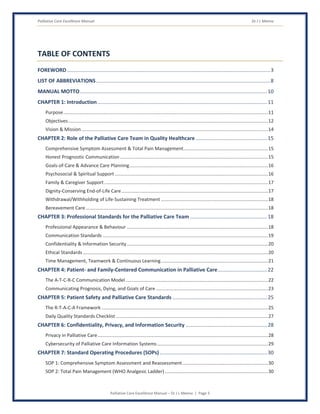 Palliative Care Excellence Manual Dr J L Meena
Palliative Care Excellence Manual – Dr J L Meena | Page 5
TABLE OF CONTENTS
FOREWORD............................................................................................................................................3
LIST OF ABBREVIATIONS........................................................................................................................8
MANUAL MOTTO.................................................................................................................................10
CHAPTER 1: Introduction.....................................................................................................................11
Purpose...........................................................................................................................................................11
Objectives .......................................................................................................................................................12
Vision & Mission .............................................................................................................................................14
CHAPTER 2: Role of the Palliative Care Team in Quality Healthcare .................................................15
Comprehensive Symptom Assessment & Total Pain Management................................................................15
Honest Prognostic Communication ................................................................................................................15
Goals-of-Care & Advance Care Planning.........................................................................................................16
Psychosocial & Spiritual Support ....................................................................................................................16
Family & Caregiver Support............................................................................................................................17
Dignity-Conserving End-of-Life Care...............................................................................................................17
Withdrawal/Withholding of Life-Sustaining Treatment .................................................................................18
Bereavement Care..........................................................................................................................................18
CHAPTER 3: Professional Standards for the Palliative Care Team .....................................................18
Professional Appearance & Behaviour ...........................................................................................................18
Communication Standards .............................................................................................................................19
Confidentiality & Information Security...........................................................................................................20
Ethical Standards ............................................................................................................................................20
Time Management, Teamwork & Continuous Learning.................................................................................21
CHAPTER 4: Patient- and Family-Centered Communication in Palliative Care..................................22
The A-T-C-R-C Communication Model............................................................................................................22
Communicating Prognosis, Dying, and Goals of Care.....................................................................................23
CHAPTER 5: Patient Safety and Palliative Care Standards .................................................................25
The R-T-A-C-A Framework ..............................................................................................................................25
Daily Quality Standards Checklist ...................................................................................................................27
CHAPTER 6: Confidentiality, Privacy, and Information Security ........................................................28
Privacy in Palliative Care.................................................................................................................................28
Cybersecurity of Palliative Care Information Systems....................................................................................29
CHAPTER 7: Standard Operating Procedures (SOPs)..........................................................................30
SOP 1: Comprehensive Symptom Assessment and Reassessment.................................................................30
SOP 2: Total Pain Management (WHO Analgesic Ladder) ..............................................................................30
 