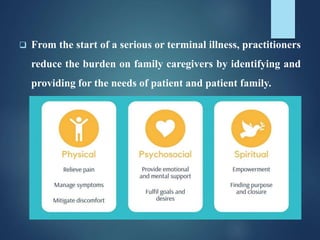  From the start of a serious or terminal illness, practitioners
reduce the burden on family caregivers by identifying and
providing for the needs of patient and patient family.
 