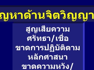 ปัญหาด้านจิตวิญญาณ  สูญเสียความศรัทธา / เชื่อ ขาดการปฏิบัติตามหลักศาสนา ขาดความหวัง / กำลังใจ ไม่มีเครื่องยึดเหนี่ยวจิตใจ 