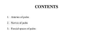 CONTENTS
1. Arteries of palm
2. Nerves of palm
3. Fascial spaces of palm
 