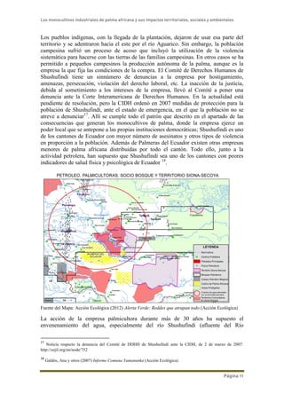Los monocultivos industriales de palma africana y sus impactos territoriales, sociales y ambientales
Página 11
Los pueblos indígenas, con la llegada de la plantación, dejaron de usar esa parte del
territorio y se adentraron hacia el este por el río Aguarico. Sin embargo, la población
campesina sufrió un proceso de acoso que incluyó la utilización de la violencia
sistemática para hacerse con las tierras de las familias campesinas. En otros casos se ha
permitido a pequeños campesinos la producción autónoma de la palma, aunque es la
empresa la que fija las condiciones de la compra. El Comité de Derechos Humanos de
Shushufindi tiene un sinnúmero de denuncias a la empresa por hostigamiento,
amenazas, persecución, violación del derecho laboral, etc. La inacción de la justicia,
debida al sometimiento a los intereses de la empresa, llevó al Comité a poner una
denuncia ante la Corte Interamericana de Derechos Humanos. En la actualidad está
pendiente de resolución, pero la CIDH ordenó en 2007 medidas de protección para la
población de Shushufindi, ante el estado de emergencia, en el que la población no se
atreve a denunciar17
. Allí se cumple todo el patrón que descrito en el apartado de las
consecuencias que generan los monocultivos de palma, donde la empresa ejerce un
poder local que se antepone a las propias instituciones democráticas; Shushufindi es uno
de los cantones de Ecuador con mayor número de asesinatos y otros tipos de violencia
en proporción a la población. Además de Palmeras del Ecuador existen otras empresas
menores de palma africana distribuidas por todo el cantón. Todo ello, junto a la
actividad petrolera, han supuesto que Shushufindi sea uno de los cantones con peores
indicadores de salud física y psicológica de Ecuador 18
.
Fuente del Mapa: Acción Ecológica (2012) Alerta Verde: Reddes que atrapan todo (Acción Ecológica)
La acción de la empresa palmicultora durante más de 30 años ha supuesto el
envenenamiento del agua, especialmente del río Shushufindi (afluente del Río
17
Noticia respecto la denuncia del Comité de DDHH de Shushufindi ante la CIDH, de 2 de marzo de 2007:
http://cejil.org/en/node/752
18
Galdós, Ana y otros (2007) Informe Comuna Yamanunka (Acción Ecológica)
 
