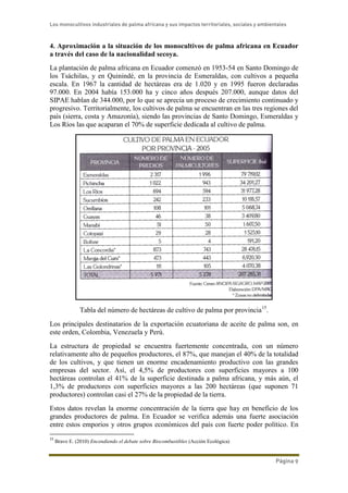 Los monocultivos industriales de palma africana y sus impactos territoriales, sociales y ambientales
Página 9
4. Aproximación a la situación de los monocultivos de palma africana en Ecuador
a través del caso de la nacionalidad secoya.
La plantación de palma africana en Ecuador comenzó en 1953-54 en Santo Domingo de
los Tsáchilas, y en Quinindé, en la provincia de Esmeraldas, con cultivos a pequeña
escala. En 1967 la cantidad de hectáreas era de 1.020 y en 1995 fueron declaradas
97.000. En 2004 había 153.000 ha y cinco años después 207.000, aunque datos del
SIPAE hablan de 344.000, por lo que se aprecia un proceso de crecimiento continuado y
progresivo. Territorialmente, los cultivos de palma se encuentran en las tres regiones del
país (sierra, costa y Amazonía), siendo las provincias de Santo Domingo, Esmeraldas y
Los Ríos las que acaparan el 70% de superficie dedicada al cultivo de palma.
Tabla del número de hectáreas de cultivo de palma por provincia15
.
Los principales destinatarios de la exportación ecuatoriana de aceite de palma son, en
este orden, Colombia, Venezuela y Perú.
La estructura de propiedad se encuentra fuertemente concentrada, con un número
relativamente alto de pequeños productores, el 87%, que manejan el 40% de la totalidad
de los cultivos, y que tienen un enorme encadenamiento productivo con las grandes
empresas del sector. Así, el 4,5% de productores con superficies mayores a 100
hectáreas controlan el 41% de la superficie destinada a palma africana, y más aún, el
1,3% de productores con superficies mayores a las 200 hectáreas (que suponen 71
productores) controlan casi el 27% de la propiedad de la tierra.
Estos datos revelan la enorme concentración de la tierra que hay en beneficio de los
grandes productores de palma. En Ecuador se verifica además una fuerte asociación
entre estos emporios y otros grupos económicos del país con fuerte poder político. En
15
Bravo E. (2010) Encendiendo el debate sobre Biocombustibles (Acción Ecológica)
 