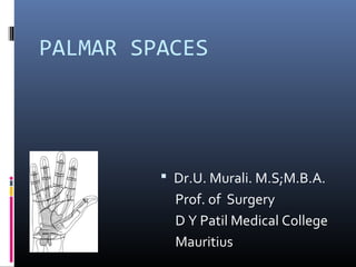PALMAR SPACES 
 Dr.U. Murali. M.S;M.B.A. 
Prof. of Surgery 
D Y Patil Medical College 
Mauritius 
 