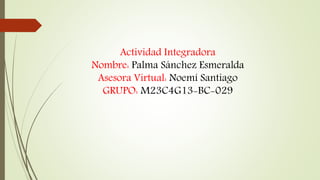 Actividad Integradora
Nombre: Palma Sánchez Esmeralda
Asesora Virtual: Noemí Santiago
GRUPO: M23C4G13-BC-029
 