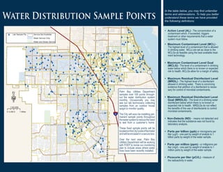  Action Level (AL) - The concentration of a
contaminant which, if exceeded, triggers
treatment or other requirements that a water
system must follow.
 Maximum Contaminant Level (MCL) -
The highest level of a contaminant that is allowed
in drinking water. MCLs are set as close to the
MCLGs as feasible using the best available treat-
ment technology.
 Maximum Contaminant Level Goal
(MCLG) - The level of a contaminant in drinking
water below which there is no known or expected
risk to health. MCLGs allow for a margin of safety.
 Maximum Residual Disinfectant Level
(MRDL) - The highest level of a disinfectant
allowed in drinking water. There is convincing
evidence that addition of a disinfectant is neces-
sary for control of microbial contaminants.
 Maximum Residual Disinfectant Level
Goal (MRDLG) - The level of a drinking water
disinfectant below which there is no known or
expected risk to health. MRDLGs do not reflect
the benefits of the use of disinfectants to control
microbial contaminants.
 Non-Detects (ND) - means not detected and
indicates that the substance was not found by
laboratory analysis.
 Parts per billion (ppb) or micrograms per
liter (μg/l) - one part by weight of analyte to 1
billion parts by weight of the water sample.
 Parts per million (ppm) - or milligrams per
liter (mg/l) - one part by weight of analyte to 1
million parts by weight of the water sample.
 Picocurie per liter (pCi/L) - measure of
the radioactivity in water.
Water Distribution Sample Points
In the table below, you may find unfamiliar
terms and abbreviations. To help you better
understand these terms we have provided
the following definitions:
po
po
po
po
popo
popo
po
po
po
po
po
po
po
po
po
po
popo
po
popo
po
po
po
po
popo
po
po
popo
po
po
po
po
po
po
popo
po
po
po
popo
po
po
po
po
po
popo
po
po
po
po
po
po
po po
po
po
po
po
po
po
po
po
po po
po
po
po
po
po
popo
po po
po po
po
popo
po
po
po
po
po
po
po
po
po
po po
po
po
po
po
po
po
po
po po
po
popo
po
po
po
po
po
po
po
po
po
po
po
po
po
popo
po
po po
po po
popo
po
po
po
po
popo
po
po
po
po
po
po
po po
popo
po
popo
po
po
po
po
po
po
po
po
popo
po
po
po
po po
po po
po
po
po
po
po
popo
po
po
po
popo
po
po
po
po
po
popo
po
po
po
po
popo
po
po
po
po po
po
po po
po
popopopo
po
po
po
po
po
po
po
po
po
po
po
po
po
po
po
po
po
po
po
popo
po po
po
po
popo
po
po
po
po
po
po
popo
po
po
po
po
po
po
popo po
popo
po
po
po
po
po
popo
po
po
po
po
po
po
po
po
po
po
po
po
po
po
po
po
po
po
po
po
po
po
po
po
po
po
po
popo
po
po
po
po
po
po
po
po
po
po
popo
po po
po
popo
£¤1
£¤1
M A L A B A R
G R A N T
MINTON
ELDRON
VA L K A R I A
SAN
FILIPPO
C
O
G
A
N
H I E L D
DAIRY
W A C O
S T A N D R E
A M E R I C A N A
HOLLYWOOD
H A R P E R
J A B O M B A R D I E R
W Y O M I N G
F L O R I D A
HURLEY
E B E R
K R A S S N E R
E
L
D
R
O
N
B
AY
S
I D
E
L A
K
E
S
W I C H I TA
M A L A B A R
P O R T
M A L A B A R
£¤1
PA C E
GLENDALE
DEGROODT
PA L M B AY
BABCOCK
F A L L O N
J U P I T E R
EMERSON
LIPSCOMB
§¨¦95
O S M O S I S
BABCOCKBABCOCK
IndianRiver
po Lab Sample Pts Service Not Available
Water Service Only
Water and Sewer Service
1:93,059
0 0.5 10.25 Miles
·
Palm Bay Utilities Department
samples over 100 points through-
out the water distribution system
monthly. Occasionally you may
see our lab technicians collecting
samples from an outdoor house
spigot to monitor quality.
The City will soon be installing per-
manent sample points throughout
thewatersystemtoreducetheneed
to test from a customer’s home.
These fixed sample points will be
locatedontheCity’ssideofthemeter
andwillbeencasedinasecurebox.
Over the next year, Palm Bay
Utilities Department will be working
with FDEP to revise our monitoring
plan to include areas where water
lines have been recently installed.
 