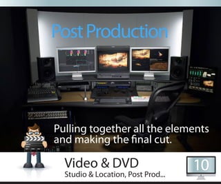 Post Production



Pulling together all the elements
and making the nal cut.

  Video & DVD                       10
  Studio & Location, Post Prod...
 