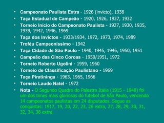•   Campeonato Paulista Extra - 1926 (invicto), 1938
•   Taça Estadual de Campeão - 1920, 1926, 1927, 1932
•   Torneio Início do Campeonato Paulista - 1927, 1930, 1935,
    1939, 1942, 1946, 1969
•   Taça dos Invictos - 1933/1934, 1972, 1973, 1974, 1989
•   Troféu Campeoníssimo - 1942
•   Taça Cidade de São Paulo - 1940, 1945, 1946, 1950, 1951
•   Campeão das Cinco Coroas - 1950/1951, 1972
•   Torneio Roberto Ugolini - 1959, 1960
•   Torneio de Classificação Paulistano - 1969
•   Taça Piratininga - 1963, 1965, 1966
•   Torneio Laudo Natel - 1972
•   Nota - O Segundo Quadro do Palestra Itália (1915 - 1940) foi
    um dos times mais gloriosos do futebol de São Paulo, vencendo
    14 campeonatos paulistas em 24 disputados. Segue as
    conquistas: 1917, 19, 20, 22, 23, 26 extra, 27, 28, 29, 30, 31,
    32, 34, 38 extra.
 