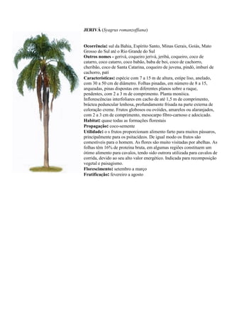 JERIVÁ (Syagrus romanzoffiana)
Ocorrência: sul da Bahia, Espírito Santo, Minas Gerais, Goiás, Mato
Grosso do Sul até o Rio Grande do Sul
Outros nomes - gerivá, coqueiro jerivá, jeribá, coqueiro, coco de
catarro, coco catarro, coco babão, baba de boi, coco de cachorro,
cheribão, coco de Santa Catarina, coqueiro de juvena, pindó, imburí de
cachorro, patí
Características: espécie com 7 a 15 m de altura, estipe liso, anelado,
com 30 a 50 cm de diâmetro. Folhas pinadas, em número de 8 a 15,
arqueadas, pinas dispostas em diferentes planos sobre a raque,
pendentes, com 2 a 3 m de comprimento. Planta monóica.
Inflorescências interfoliares em cacho de até 1,5 m de comprimento,
bráctea peduncular lenhosa, profundamente frisada na parte externa de
coloração creme. Frutos globosos ou ovóides, amarelos ou alaranjados,
com 2 a 3 cm de comprimento, mesocarpo fibro-carnoso e adocicado.
Habitat: quase todas as formações florestais
Propagação: coco-semente
Utilidade: o s frutos proporcionam alimento farto para muitos pássaros,
principalmente para os psitacídeos. De igual modo os frutos são
comestíveis para o homem. As flores são muito visitadas por abelhas. As
folhas têm 16% de proteína bruta, em algumas regiões constituem um
ótimo alimento para cavalos, tendo sido outrora utilizada para cavalos de
corrida, devido ao seu alto valor energético. Indicada para recomposição
vegetal e paisagismo.
Florescimento: setembro a março
Frutificação: fevereiro a agosto
 