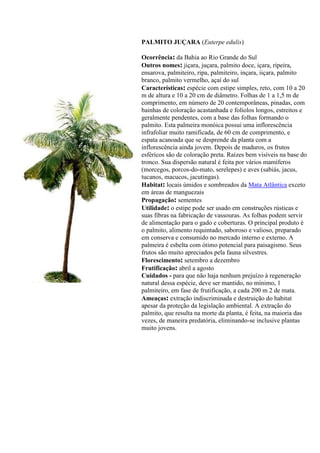 PALMITO JUÇARA (Euterpe edulis)
Ocorrência: da Bahia ao Rio Grande do Sul
Outros nomes: jiçara, juçara, palmito doce, içara, ripeira,
ensarova, palmiteiro, ripa, palmiteiro, inçara, iiçara, palmito
branco, palmito vermelho, açaí do sul
Características: espécie com estipe simples, reto, com 10 a 20
m de altura e 10 a 20 cm de diâmetro. Folhas de 1 a 1,5 m de
comprimento, em número de 20 contemporâneas, pinadas, com
bainhas de coloração acastanhada e folíolos longos, estreitos e
geralmente pendentes, com a base das folhas formando o
palmito. Esta palmeira monóica possui uma inflorescência
infrafoliar muito ramificada, de 60 cm de comprimento, e
espata acanoada que se desprende da planta com a
inflorescência ainda jovem. Depois de maduros, os frutos
esféricos são de coloração preta. Raízes bem visíveis na base do
tronco. Sua dispersão natural é feita por vários mamíferos
(morcegos, porcos-do-mato, serelepes) e aves (sabiás, jacus,
tucanos, macucos, jacutingas).
Habitat: locais úmidos e sombreados da Mata Atlântica exceto
em áreas de manguezais
Propagação: sementes
Utilidade: o estipe pode ser usado em construções rústicas e
suas fibras na fabricação de vassouras. As folhas podem servir
de alimentação para o gado e coberturas. O principal produto é
o palmito, alimento requintado, saboroso e valioso, preparado
em conserva e consumido no mercado interno e externo. A
palmeira é esbelta com ótimo potencial para paisagismo. Seus
frutos são muito apreciados pela fauna silvestres.
Florescimento: setembro a dezembro
Frutificação: abril a agosto
Cuidados - para que não haja nenhum prejuízo à regeneração
natural dessa espécie, deve ser mantido, no mínimo, 1
palmiteiro, em fase de frutificação, a cada 200 m 2 de mata.
Ameaças: extração indiscriminada e destruição do habitat
apesar da proteção da legislação ambiental. A extração do
palmito, que resulta na morte da planta, é feita, na maioria das
vezes, de maneira predatória, eliminando-se inclusive plantas
muito jovens.
 
