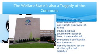 The Welfare State is also a Tragedy of the
Commons
∗ If I don’t catch the fish,
someone else will…..so
one restricts his activities of
fishing
∗ If I don’t get that
government subsidy or
favor, someone else will…..
∗ Everyone is in conflict with
everyone else….
∗ Not only the poor, but the
rich line up for their
subsidies
 
